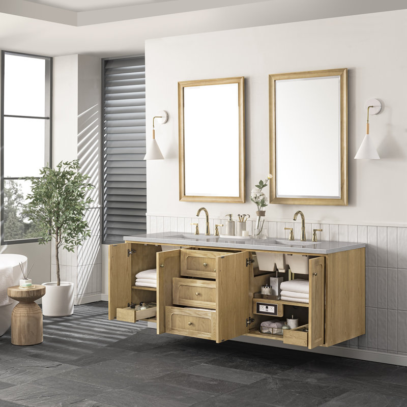 Laurent 72'' W Double Vanity, Carrara White, Light Natural Oak, 8" Widespread