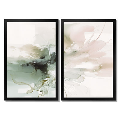 «Green and Cream Essence Of Modernity - Abstract Marble Impressions encadrées, art mural abstrait sur toile verte 2 pièces