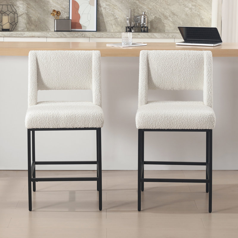 Jenie Upholstered 26.4'' Boucle/Linen Counter Stool with Metal Frame, Boucle White