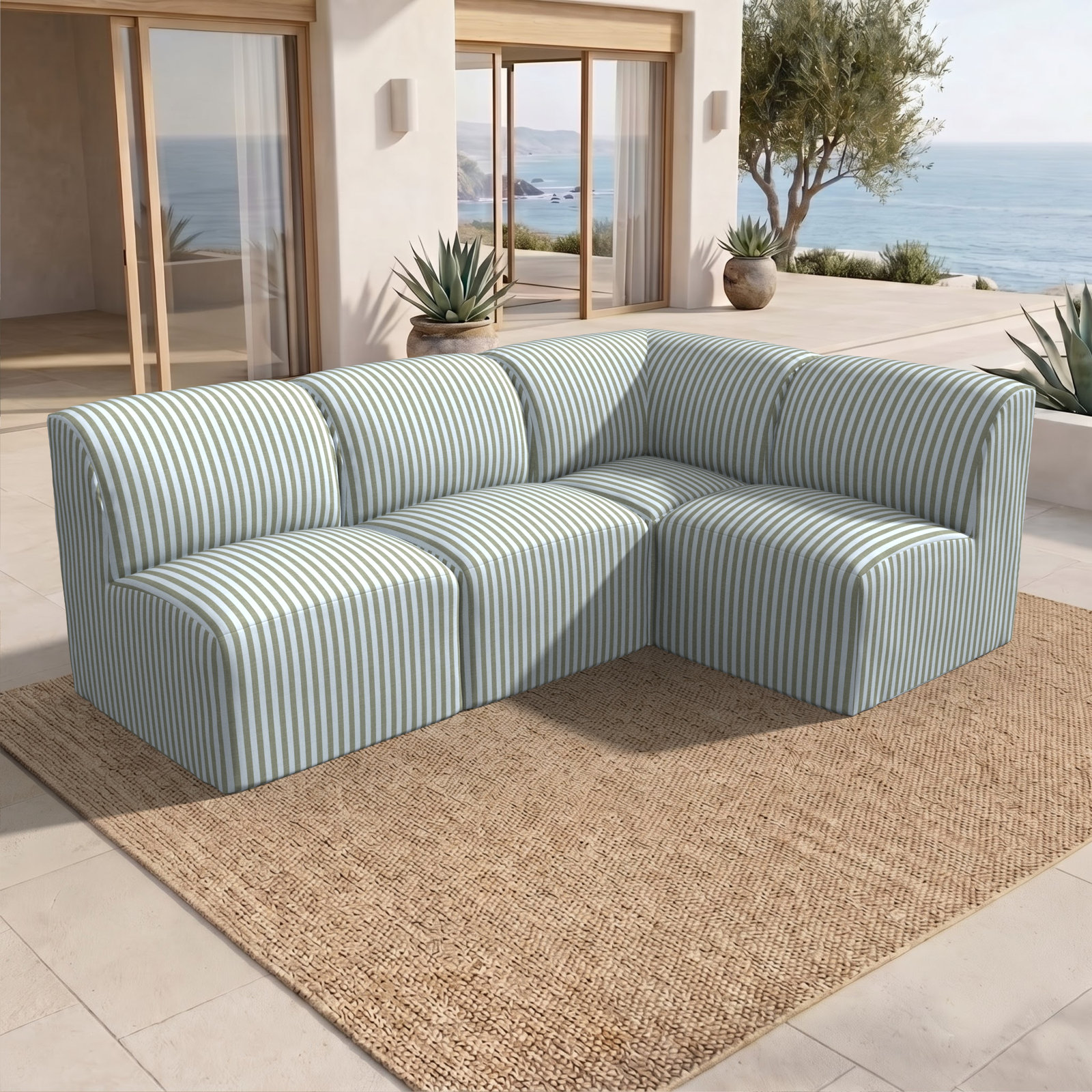 Praia 90" Sunbrella® Patio Sectional, Sail Away Aloe Striped Sunbrella®