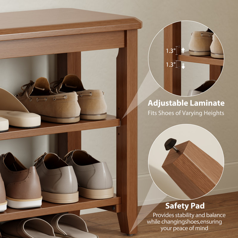 Addisin Aevah Solid Wood 2-Tier Shoe Bench, 31.5″ W, Brown
