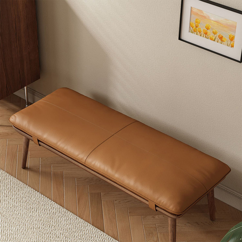Banc rembourré brun + bois massif, 14.96" H x 39.37" W x 14.96" D