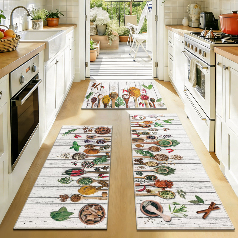 Farmhouse Non Slip Washable Kitchen Mats (Set of 3), Ivory