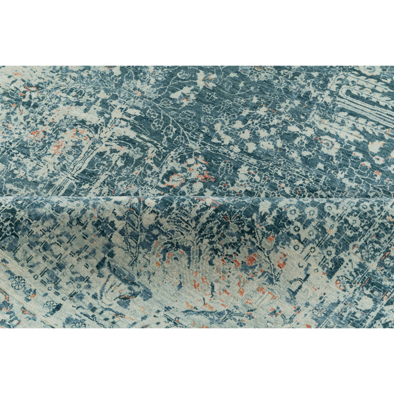 Wool Oriental Area Rug in Teal/Ivory, Rectangle 10' x 14'