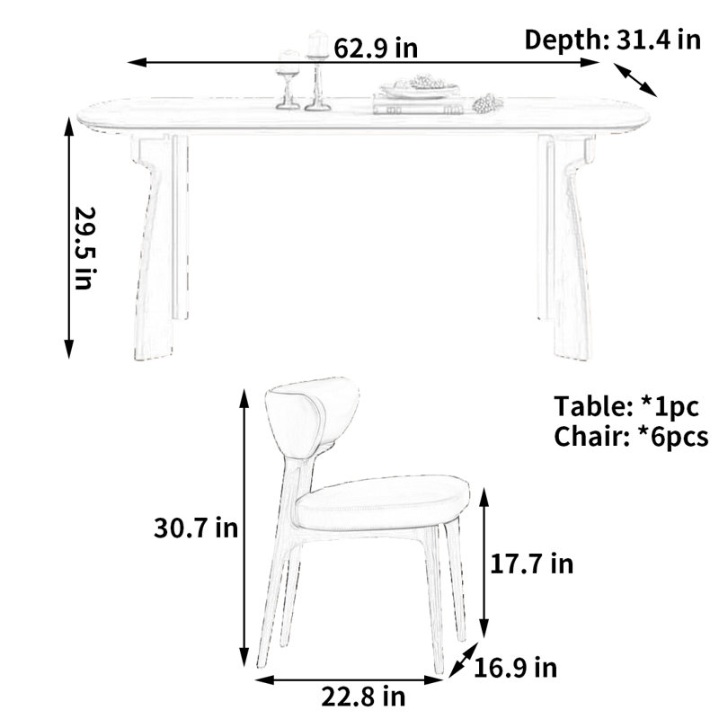 Table et chaise de salle à manger élégante de style rétro, H 29,5 po x L 62,9 po x l 31,4 po