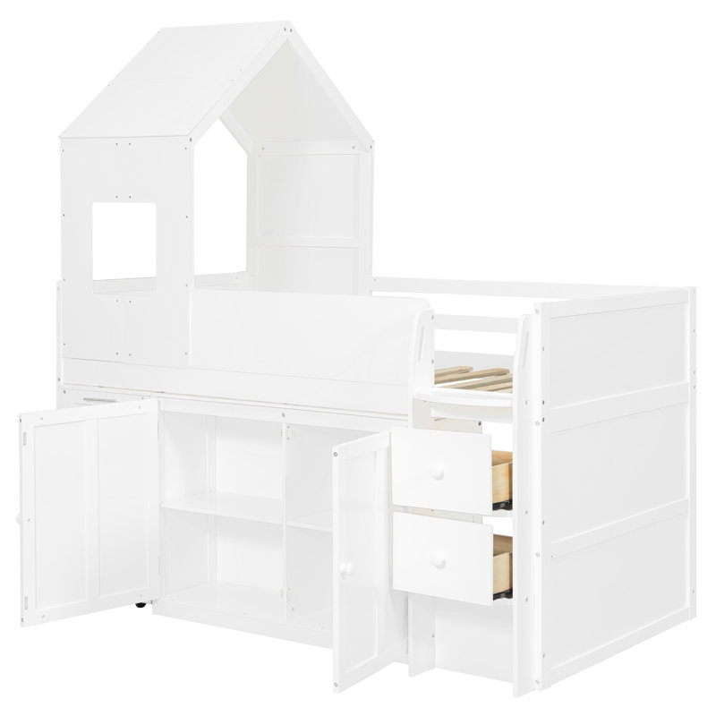 Lit mezzanine simple de style maison simple avec bureau roulant, armoire de rangement et tiroirs, Blanc