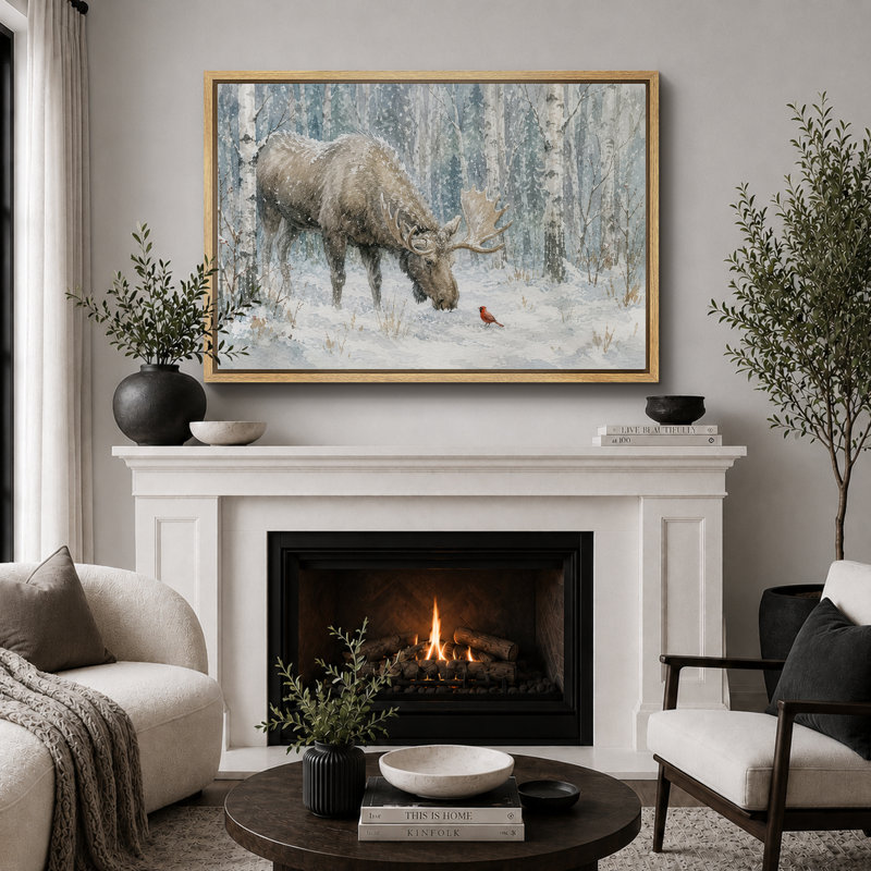 «Winter Moose Forest», reproduction d'art giclée sur toile encadrée, H 16 po x l 24 po x P 1,5 po, Cadre naturel