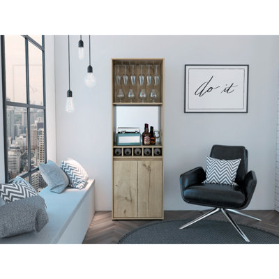 Armoire bar Prana, deux tablettes, cinq porte-bouteilles encastrés, porte double - armoire chêne clair beige 1 pièce