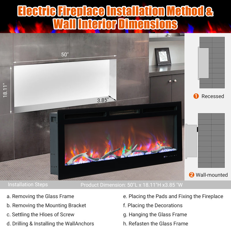 50 Inch Built-in Electric Fireplace with WiFi ＆ Remote Control, 12 Realistic Flame Flickering Colors, 750/1500W Wall Fireplace Heater