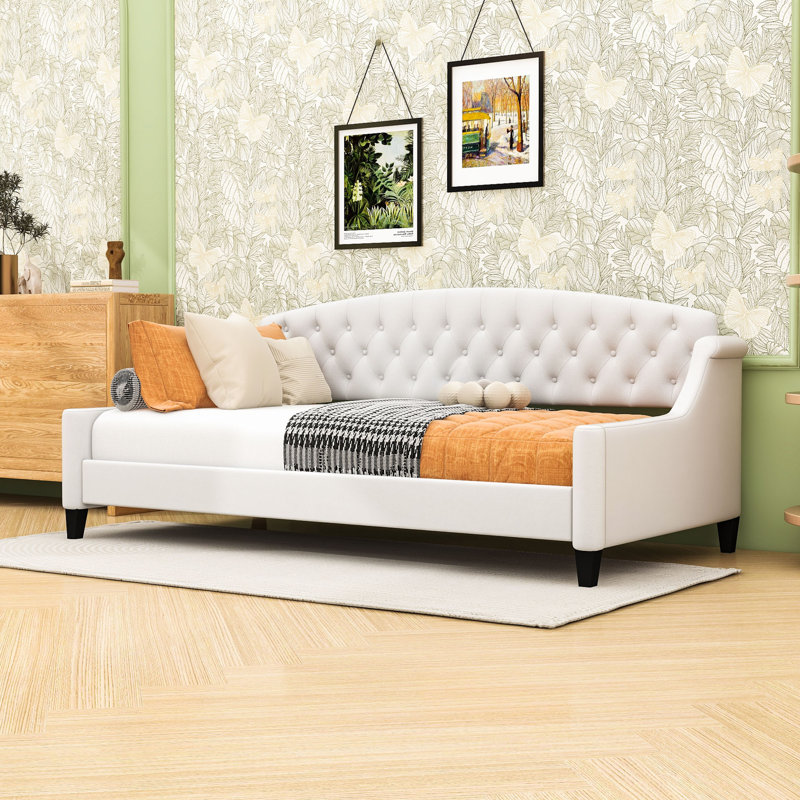 Twin Size Velvet Tufted Button Daybed with Slats, Beige