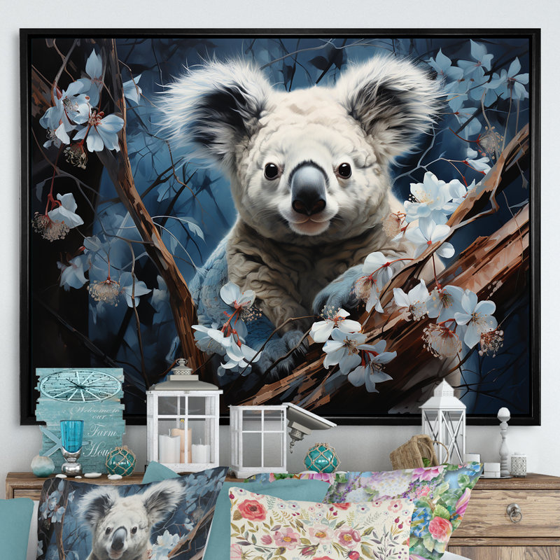Koala grimpant en peluche - reproduction sur toile, Cadre flottant noir, H 30 po x l 40 po x P 1,5 po