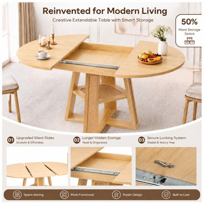 Table de salle à manger extensible ronde à ovale de 150 cm avec rallonge amovible, table de cuisine en bois naturel pour 4 à 6 personnes, accents en rotin