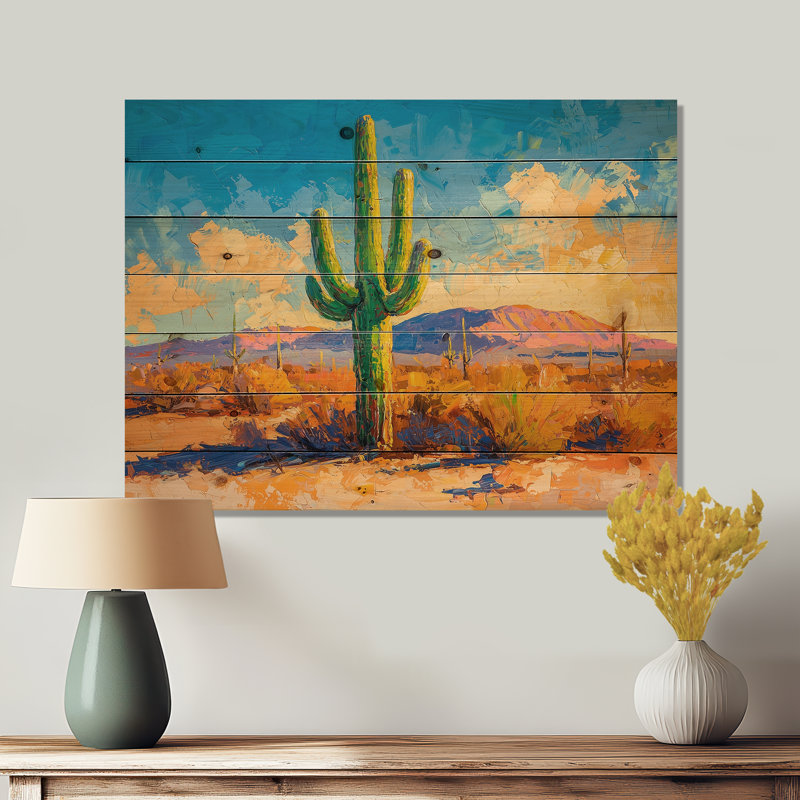 Saguaro dans la lumière dorée II - décoration murale en bois de cactus floral - sur bois de pin naturel