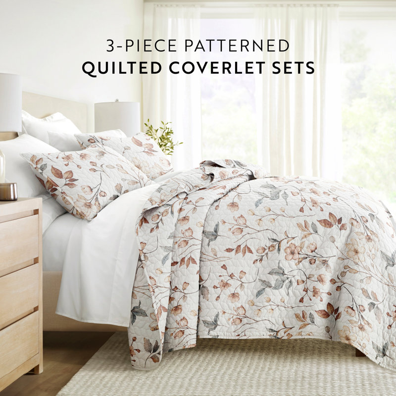 Twin Reversible Floral Microfiber Quilt Set in Beige and Gray