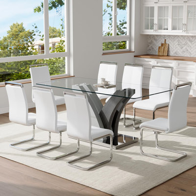 Ensemble de table de salle à manger 71 po pour 8 personnes, ensemble de table de salle à manger en verre avec plateau en verre trempé et chaises en cuir synthétique