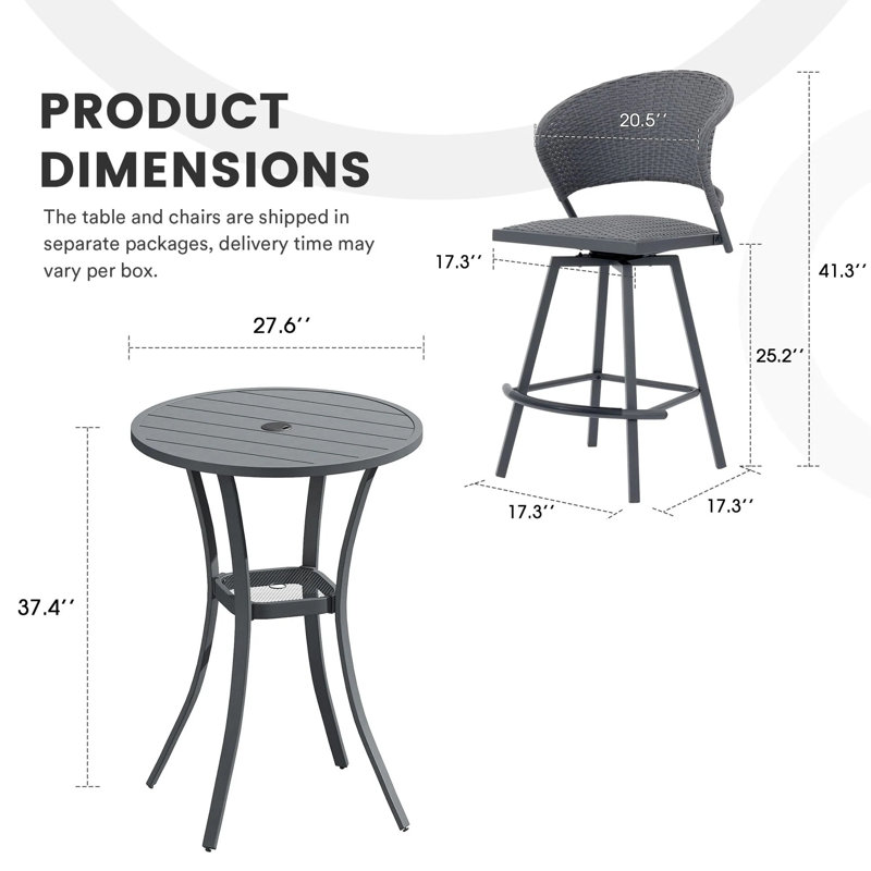 Ensemble de bar d'extérieur 3 pièces avec tabourets pivotants, Gris / Gris foncé