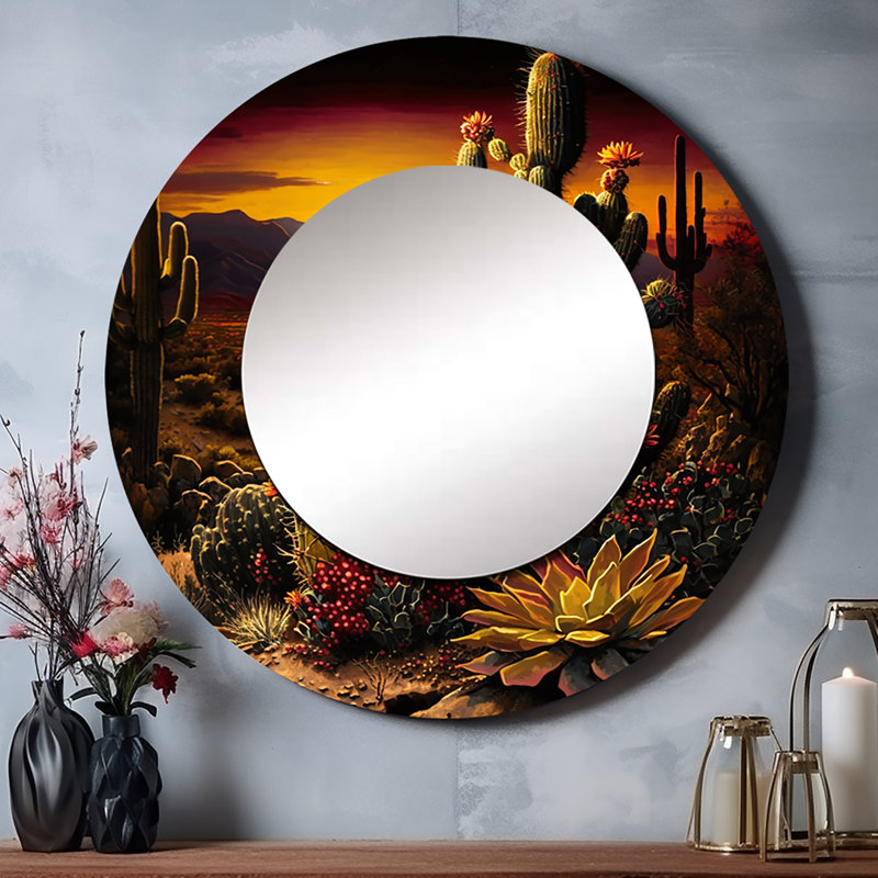 Prehaan Cactus In Desert II - Mountains Mirror, Traditional Round Unique Wall Mirror, Printed Metal Art, 36" x 36"