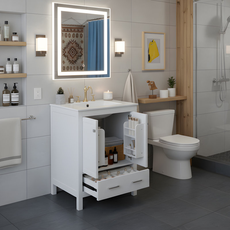24" Bathroom Vanity Cabinet With Ceramic Sink, White