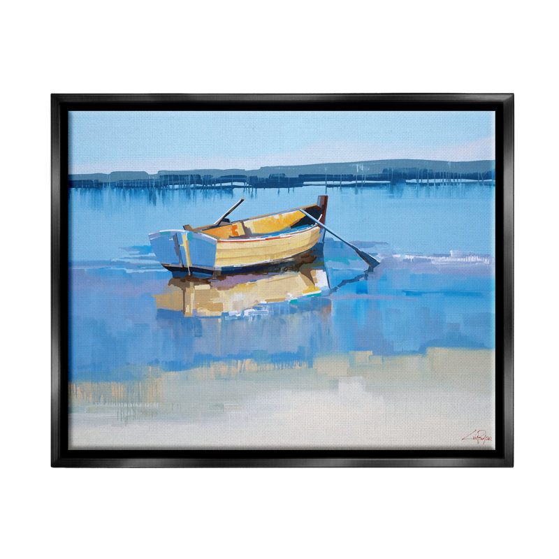 «Row Row On Blue Coastal Shore Beach Landscape», art mural par Craig Trewin Penny, Cadre flottant noir de jais
