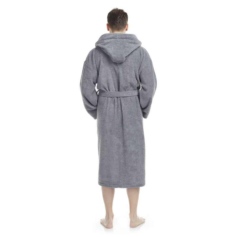 Peignoir mi-mollet 100% coton avec poches et capuche Clyda, Petit / Moyen, Gris