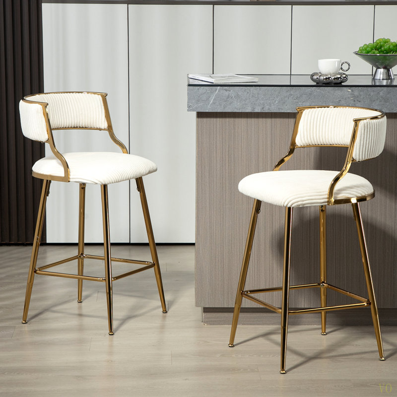 (SET Of 2) 26'' Counter Height Bar Stools Corduroy Kitchen Island Counter Bar Stool With Back Chromed Base And Footrest