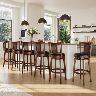 Avis 30" Traditional Bar Stool with Faux Leather Swivel Seat and Rattan Back Rubber Wood Frame (Set of 4)