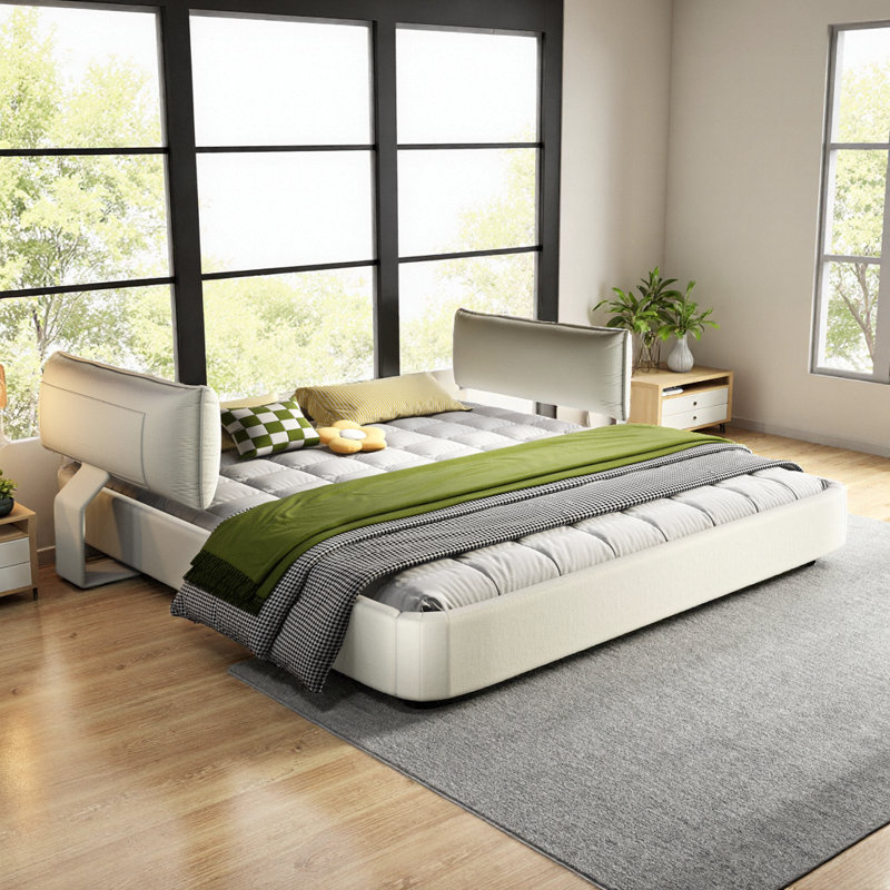 Très grande base de lit réglable Cloud - revêtement en chenille ultra moelleux, support en bois massif et en métal, aucun sommier nécessaire, beige / blanc