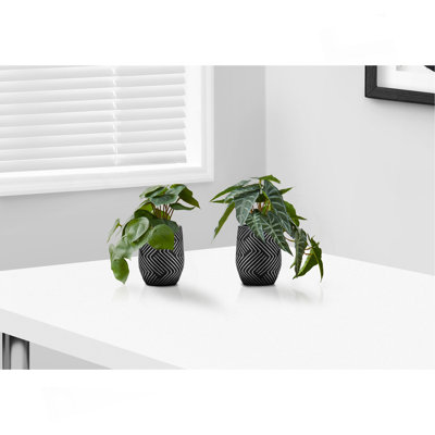 Artificial Plant, 8" Tall, Alocasia, Indoor, Faux, Fake, Table, Greenery, Potted, Set Of 2, Decorative, Green Leaves, Black Cement Pots