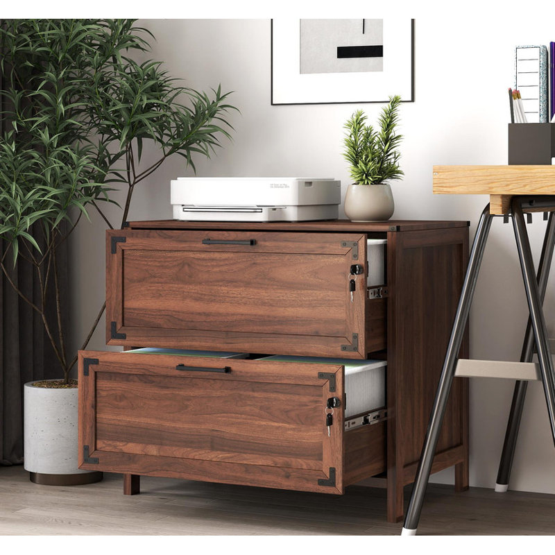 Classeur de ferme 2 tiroirs avec serrure - Rangement pour bureau personnel | Classeur rustique en acier pour documents, Noyer