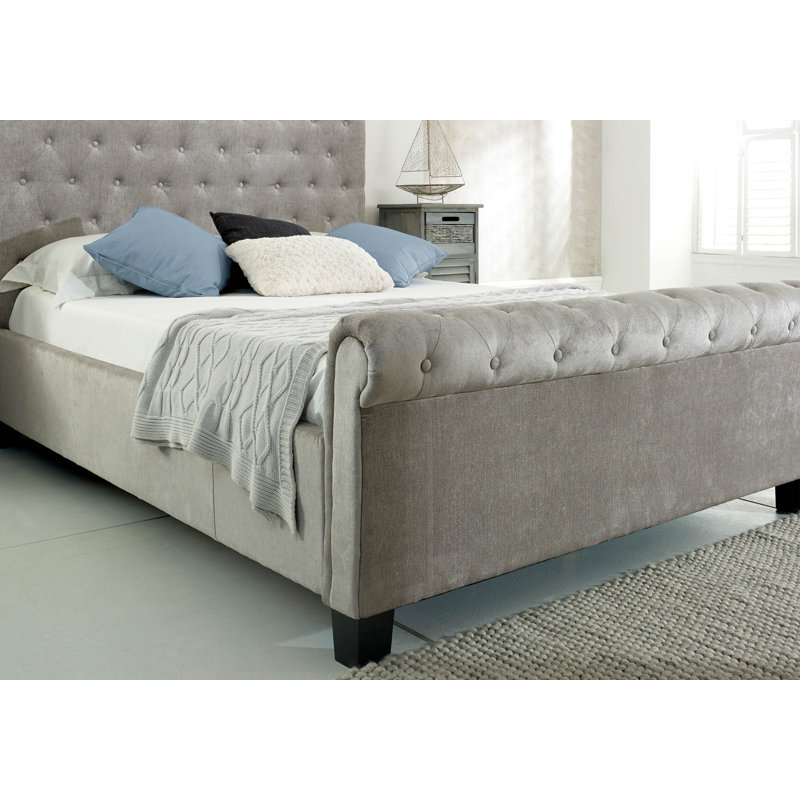 Upholstered Velvet Sleigh Bed, Silver
