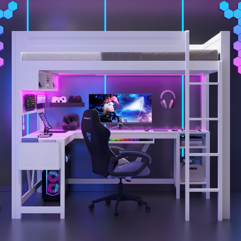 Loft Bed With Desk, Led And Charging Station, White
