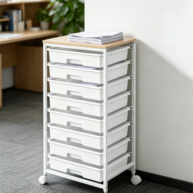Chariot de rangement roulant avec tiroirs et plateau de table en bois, armoire de rangement de bureau, White