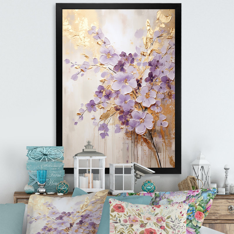 Mauve et or orné de violettes, pré IV - art mural Violettes, H 44 po x l 34 po x P 1,5 po, Cadre simple noir