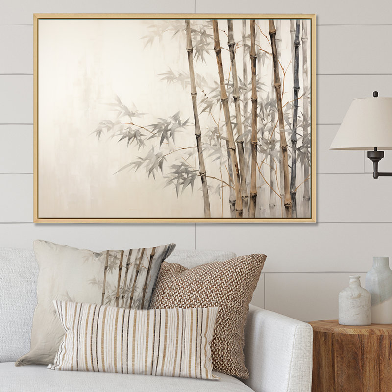 Beige minimalisme bambou sérénité IV - impression sur toile de bambou, H 30 po x l 40 po x P 1,5 po, Cadre flottant blanc