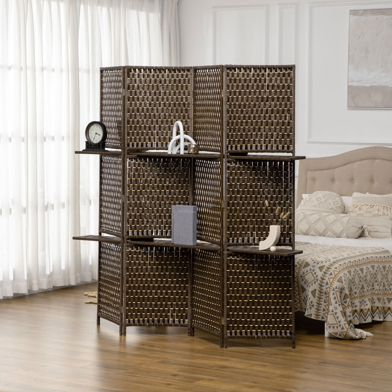 Weweantic 4 Panel Folding Room Divider, Privacy Screen with Shelves, Brown