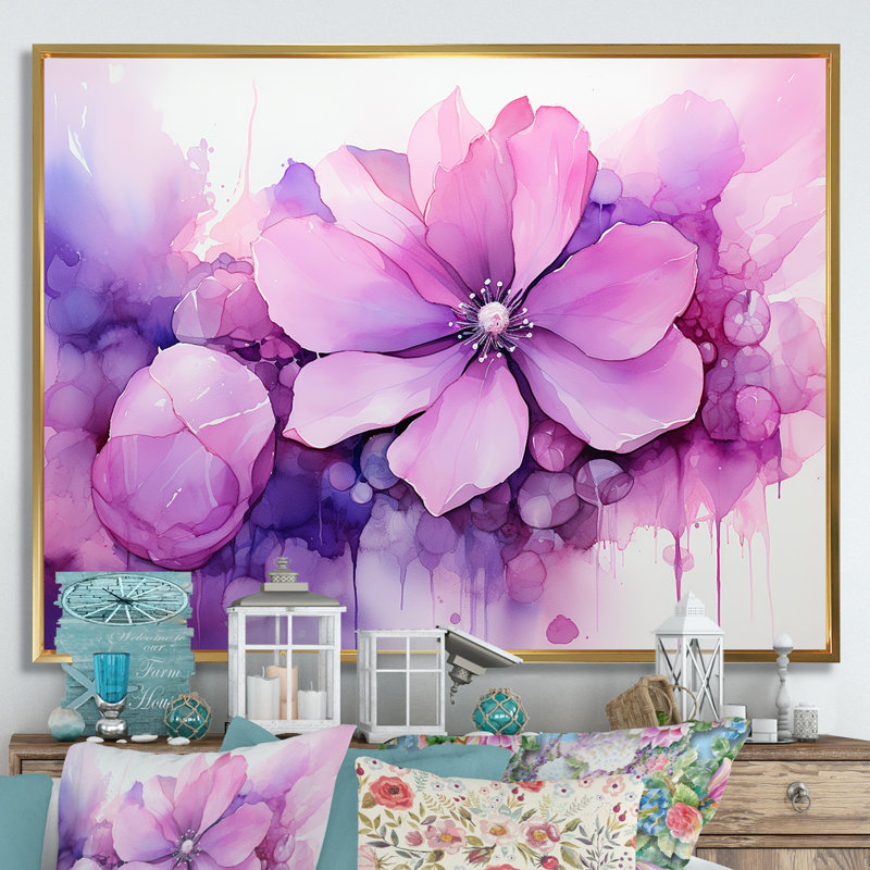 Encre botanique florale rose et mauve - art mural botanique, Cadre flottant doré, H 24 po x l 32 po x P 1 po