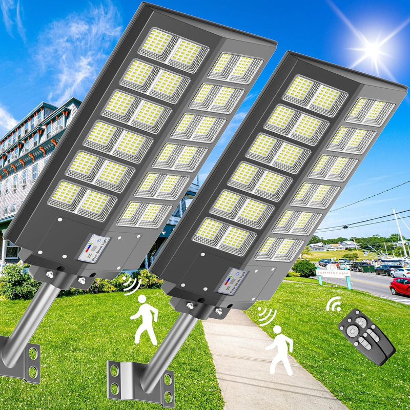 Paquet de 2 réverbères solaires de 4800 W, éclairage de sécurité d'extérieur Dusk To Dawn de 480 000LM, étanche IP67 avec capteur de mouvement pour les stationnements, les cours, les routes et les allées