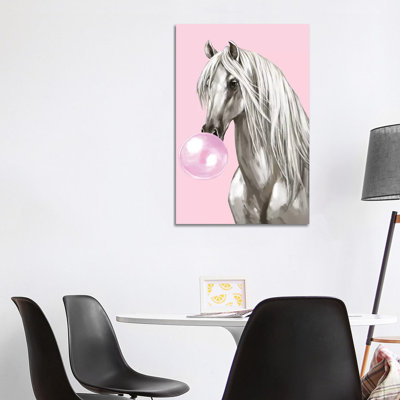 White Horse With Bubbble Gum In Pink by Big Nose Work - Wrapped Canvas Painting
