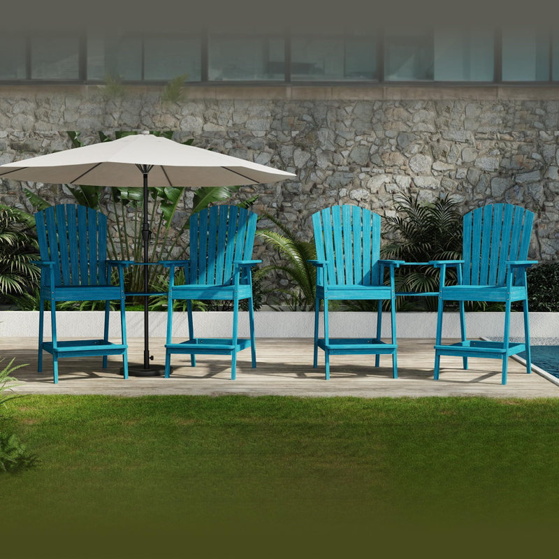 Outdoor Bar Height Adirondack Chairs With Connecting Tray Set Of 4, Blue