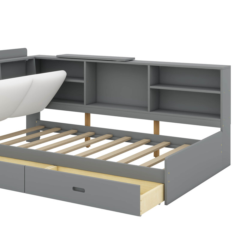Lit plateforme simple avec tête de lit, tablettes et tiroirs de rangement, Gris