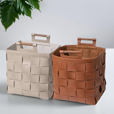 Brown + Cream Color, 2Pcs，French Chic Laundry Hamper With Handwoven Leather And Solid Wood Handles, Large Capacity Waterproof Storage Basket For Home Organization
