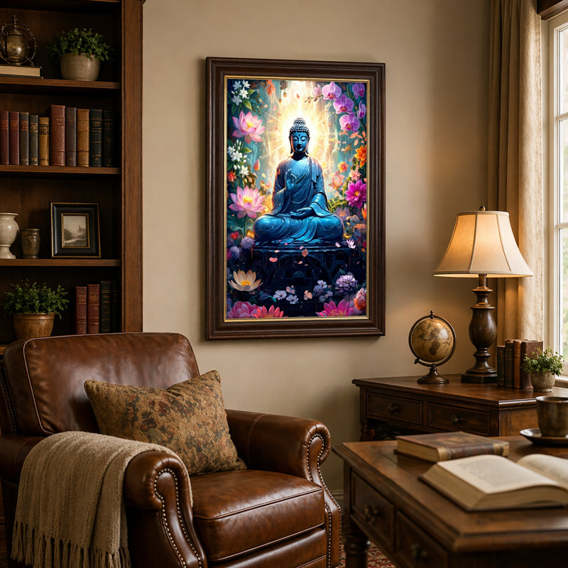 Natural Wood Framed,Canvas Wall Art for Living Room, Bedroom, Office or Entryway – Decorative Wall Decor with Buddha Garden