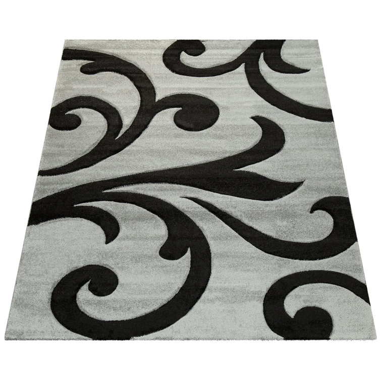 Kas Floral Machine Made Power Loomed Polypropylene Area Rug in Gray/Black