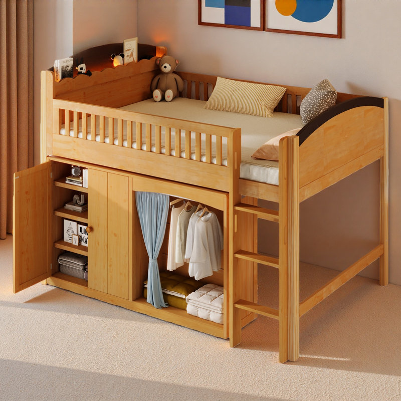 Loft Bed With Storage Cabinet, Wardrobe With A Cloth Curtain, Led Design And Stairs, Wood