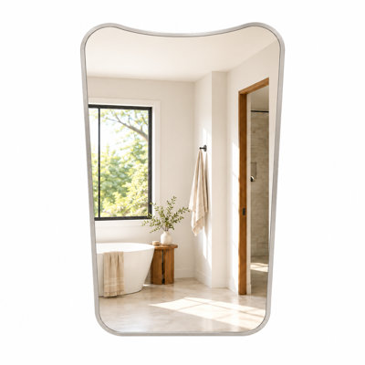 24" W x 36" H Modern Asymmetrical Wavy-Top Framed Bathroom Vanity Wall Mirror Brushed Nickel
