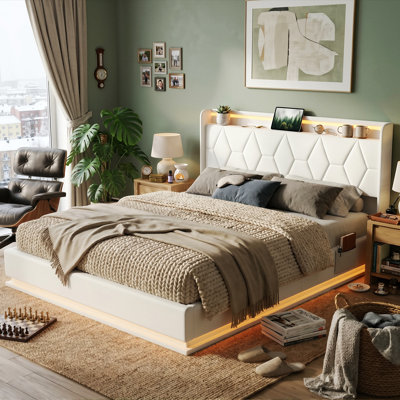 European Double & King Size Velvet Ottoman Bed With Surround LED Lights, Storage Frame With Charging Port, White