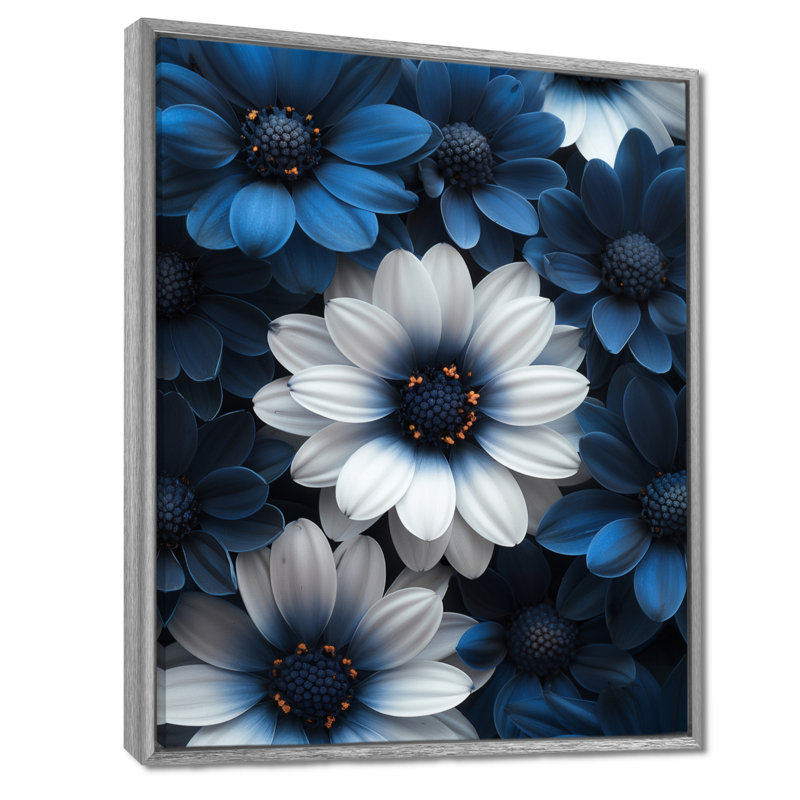 «Nocturnal Nirvana White Blue Mums», reproduction d'art mural, H 12 po x l 20 po, Cadre flottant brun, bois massif