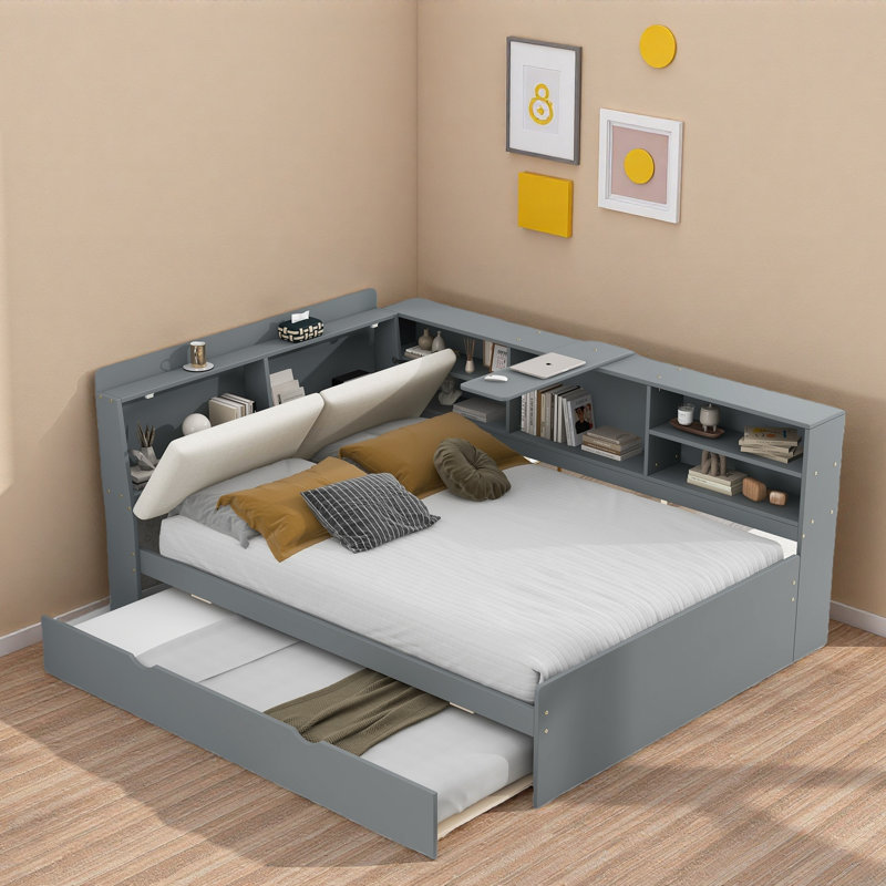 Lit plateforme avec lit gigogne, tablettes de rangement, tête de lit tapissier et plateau de rangement rotatif, Gris