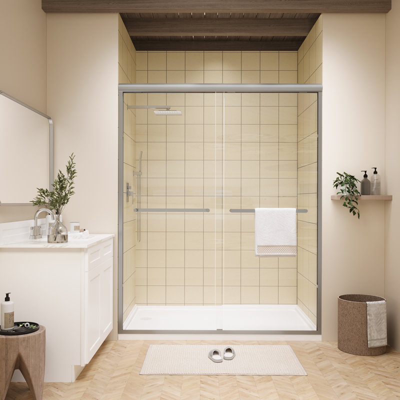 Porte de douche coulissante double encadrée de 56 à 60 po x H 72 po en nickel brossé avec verre trempé transparent, poignées doubles