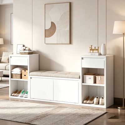 Banc de rangement tout-en-un avec coussin, compartiments, tiroirs et tablettes ouvertes, banc de rangement